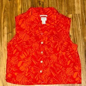 Nicole Miller womens large button up top shirt Red orange Tropical linen crop
